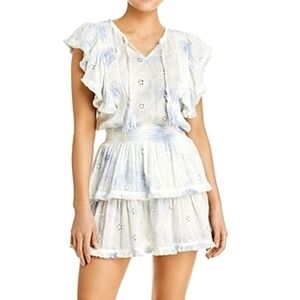 Surf Gypsy Bohemian Mini Dress Classic Floral Eyelet Smock Waist Blue Tie Dye
